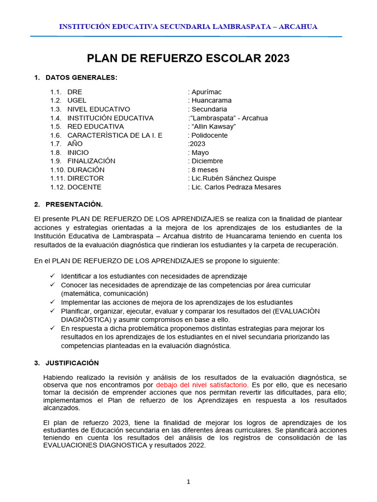 Plan de Refuerzo Escolar 2023 Lambraspata | PDF | Evaluación | Aprendizaje