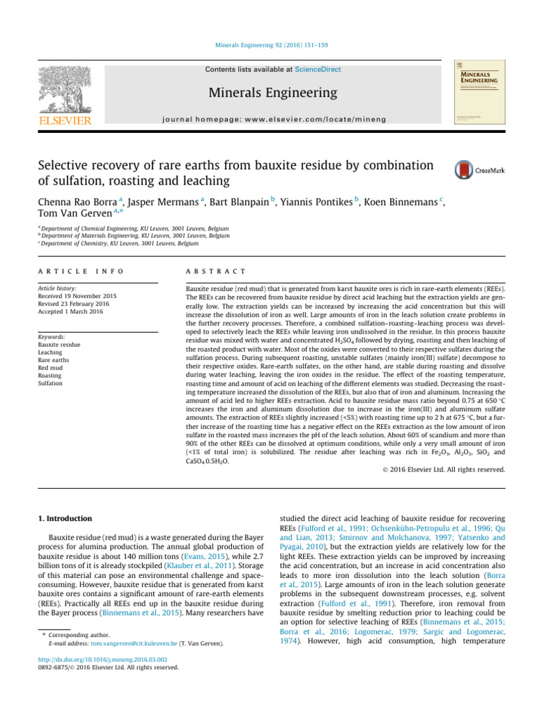 (2016) Selective recovery of rare earths from bauxite residue by