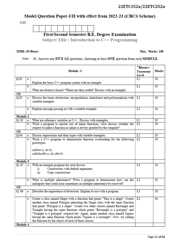 C++ Programming Model Question Paper 2022 | PDF | C++ | Information ...