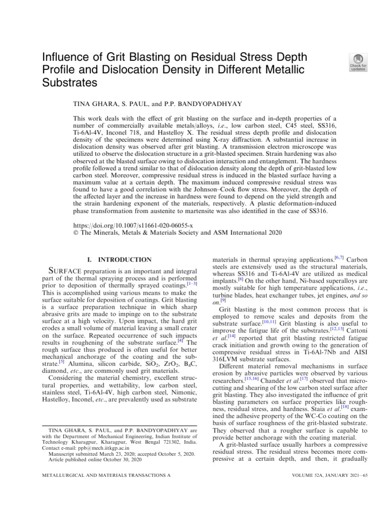 Influence of Grit Blasting On Residual Stress Depth PDF Steel