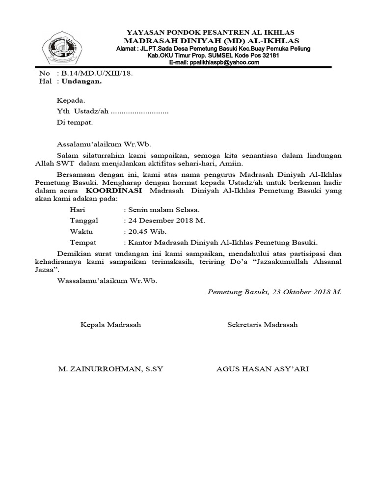 Undangan Koordinasi Madrasah Diniyah | PDF