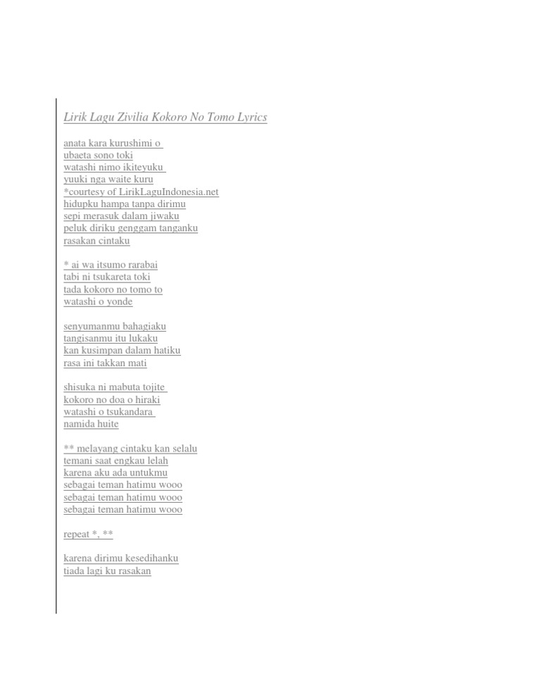 Lirik Lagu Zivilia Kokoro No Tomo Lyrics