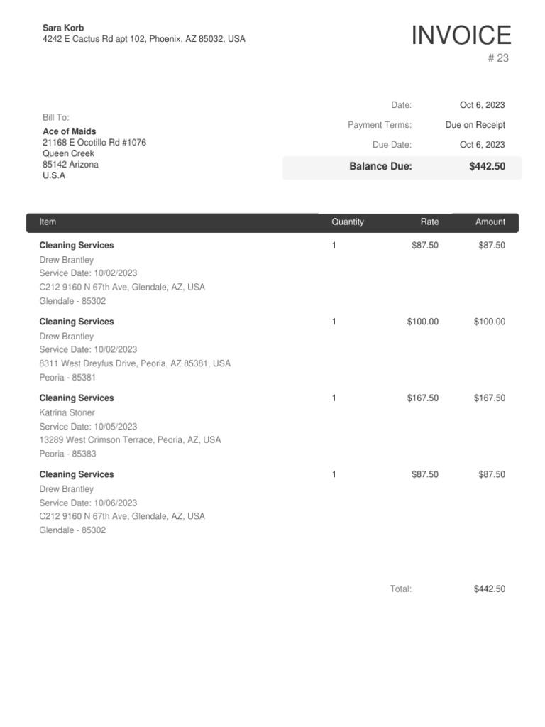 Invoice for Cleaning Services - $442.50 | PDF