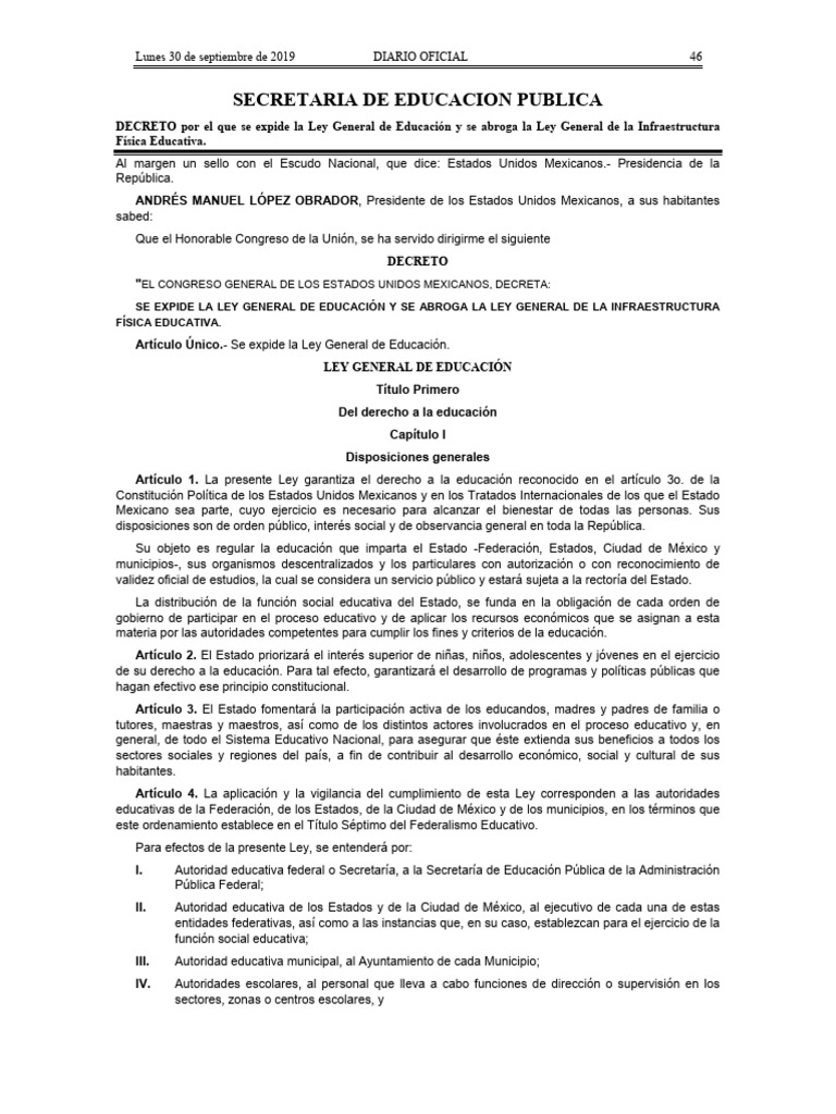 Ley General de Educacion (2019) Diario Oficial de La Federacion | PDF