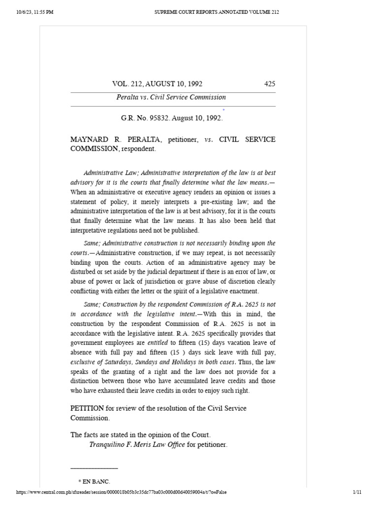 Peralta vs. Civil Service Commission, 212 SCRA 425, August 10, 1992