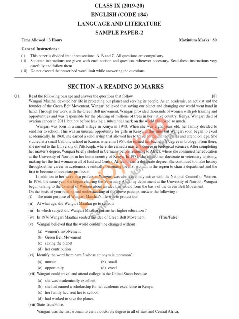 Class IX English Sample Paper 2 | PDF