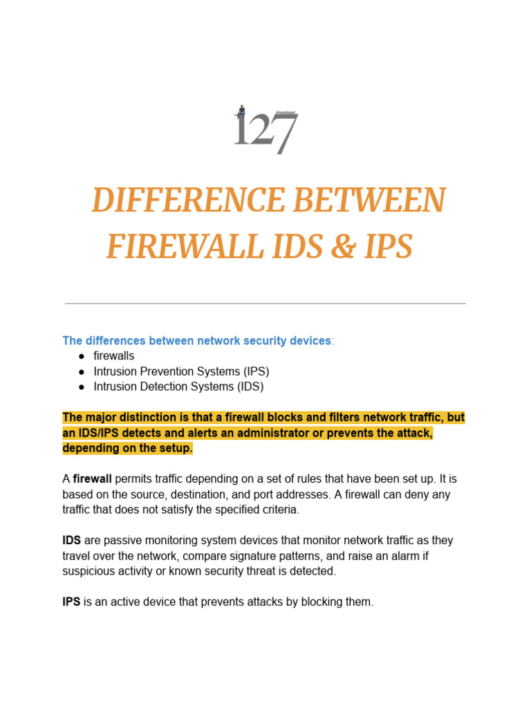 Firewall vs IDS vs IPS Explained | PDF