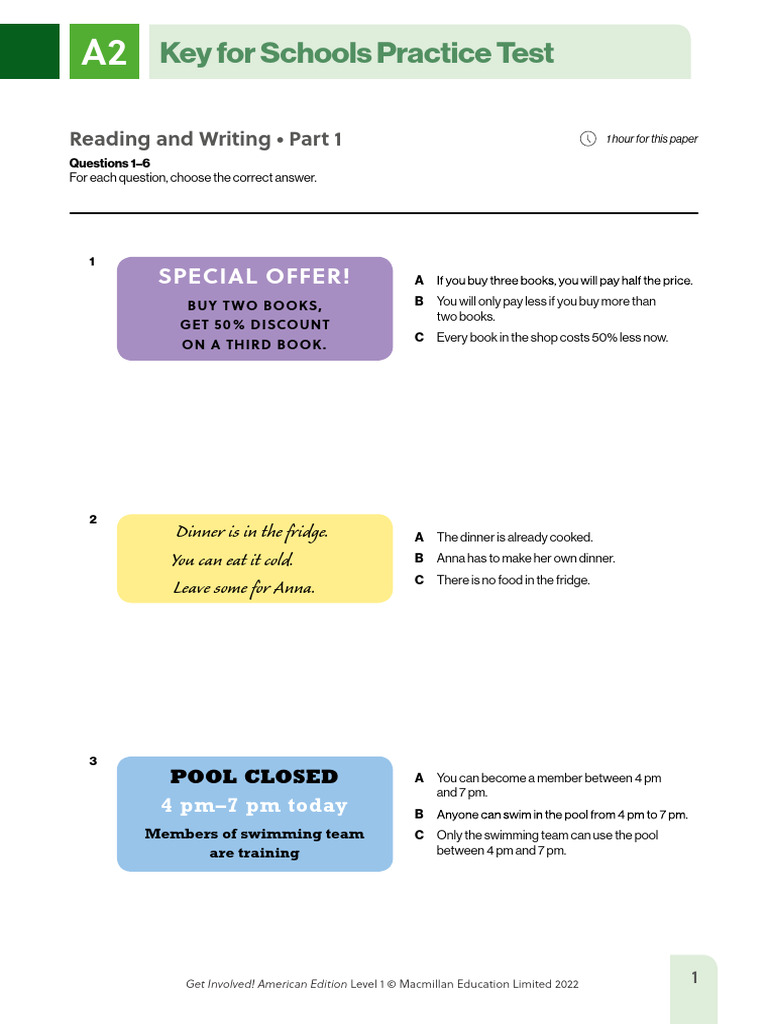Key for Schools A2 Practice Test Guide | PDF