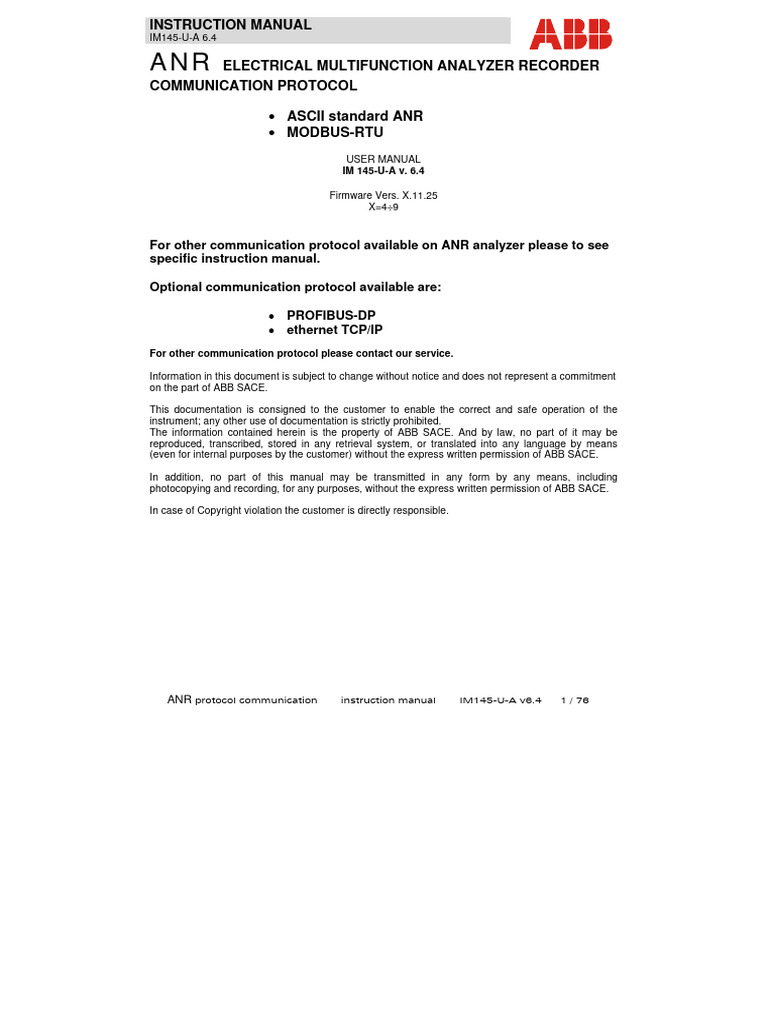 Communication Protocol ANR IM145-U-A v6.4 | PDF