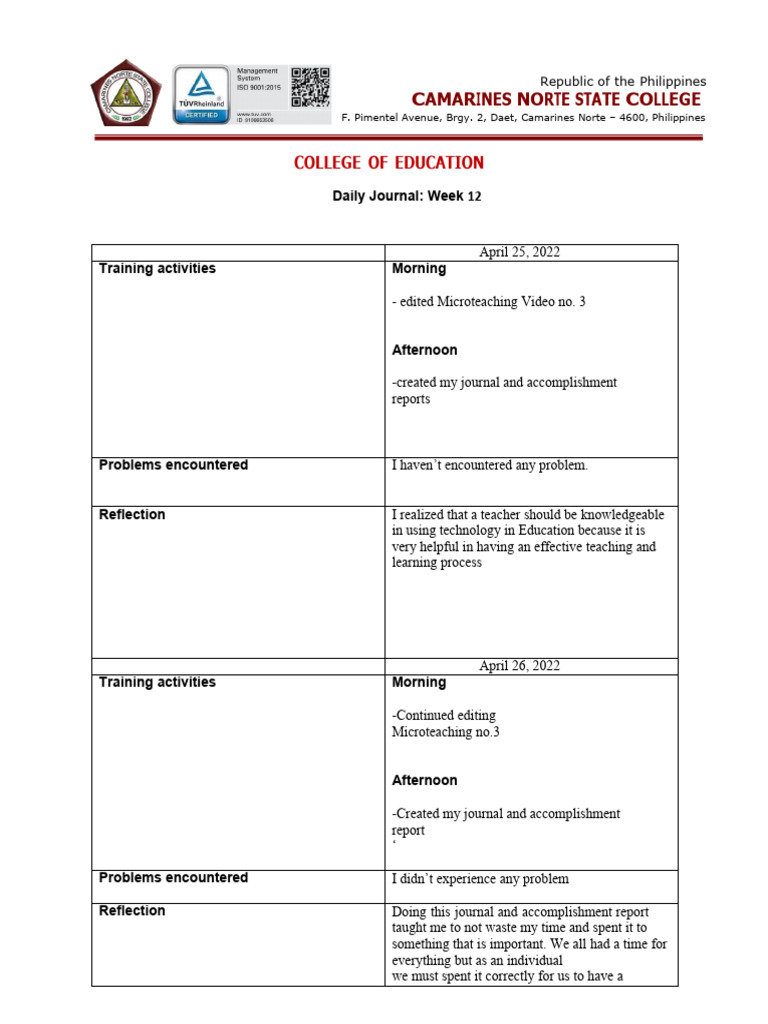 Weekly Journal: Teacher Training Reflections | PDF | Teaching ...