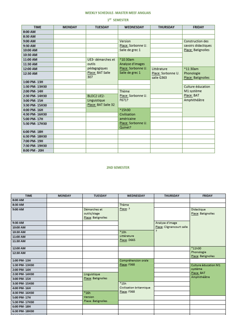 Emploi du Temps MEEF Anglais Semestre 1 | PDF | Art