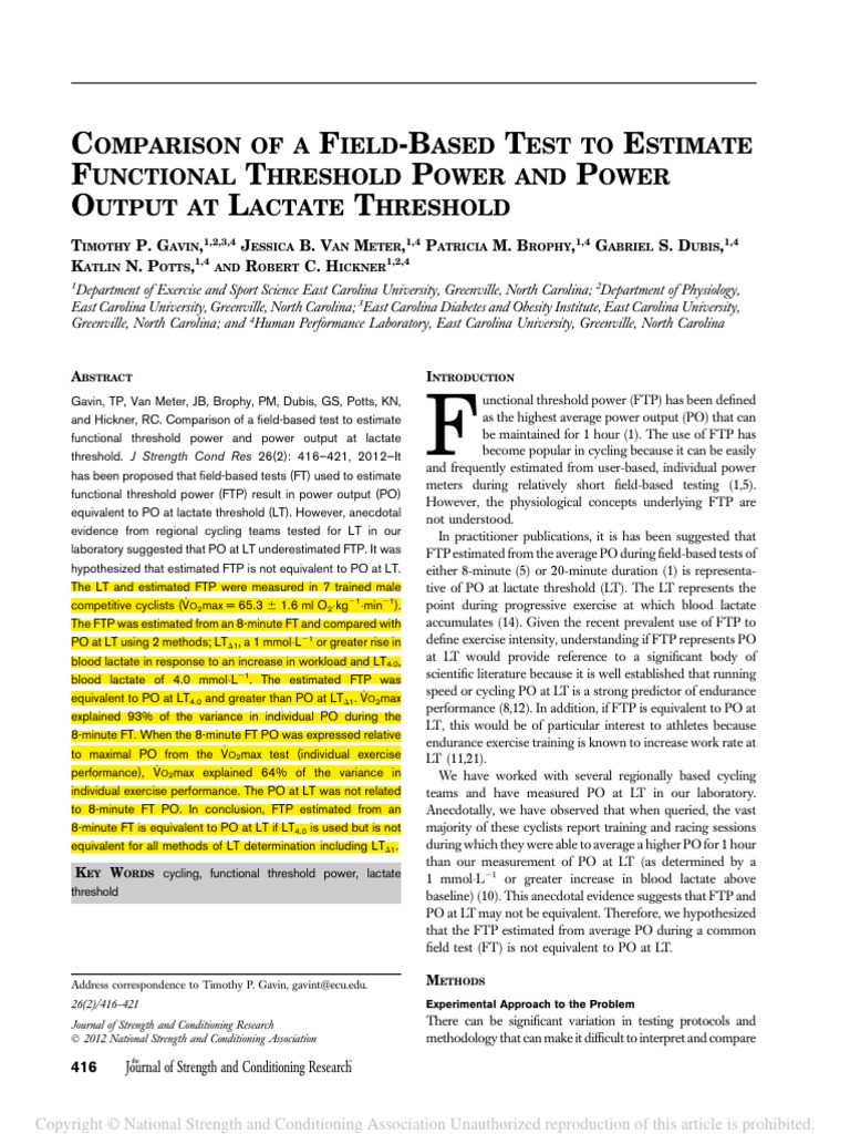 1 Comparison of A Field Based Test To Estimate Functional Threshold Power Output at Lactate