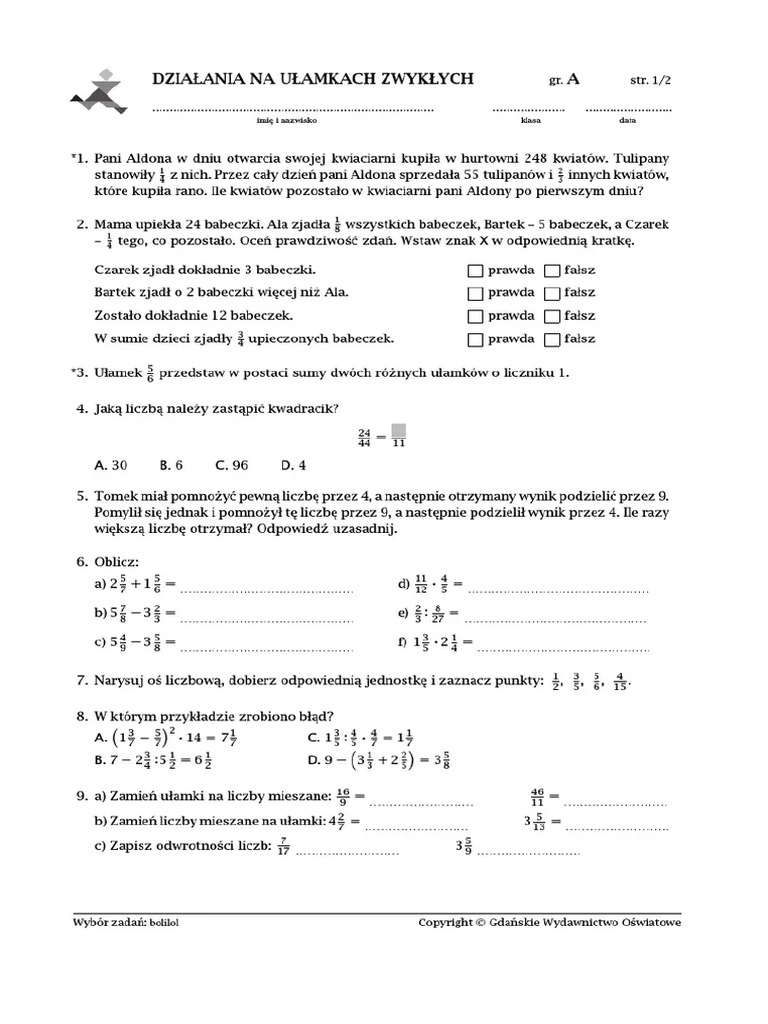 Ułamki Zwykłe I Dziesiętne Sprawdzian Klasa 6 Chomikuj Ułamki Zwykłe Klasa 6 | PDF