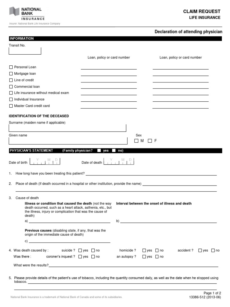 Form claim request life insurance declaration physician 13386 512 pdf