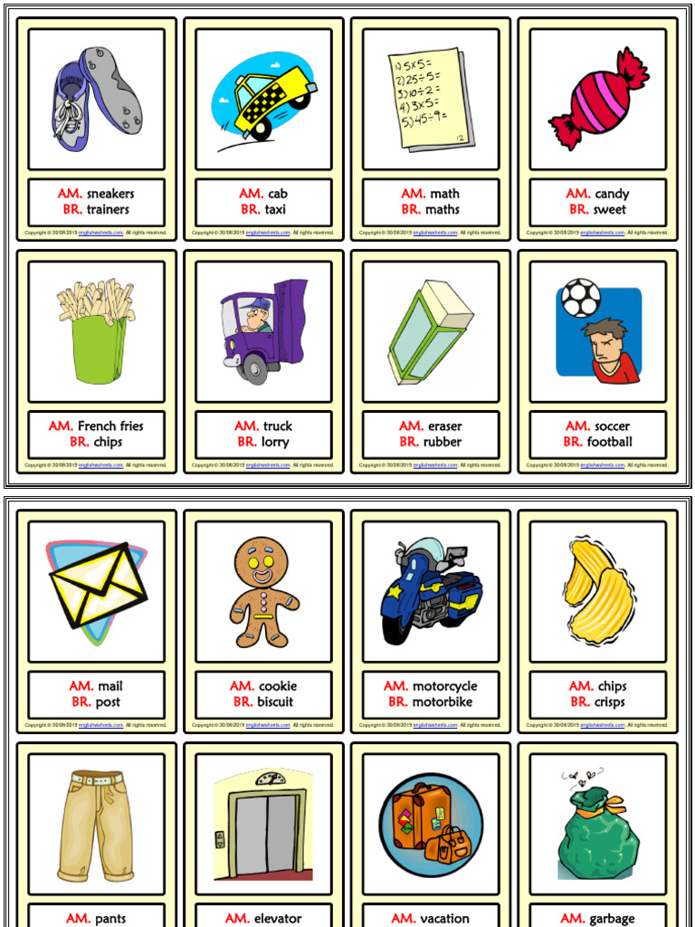 American British English Vocabulary Esl Printable Learning Cards For ...