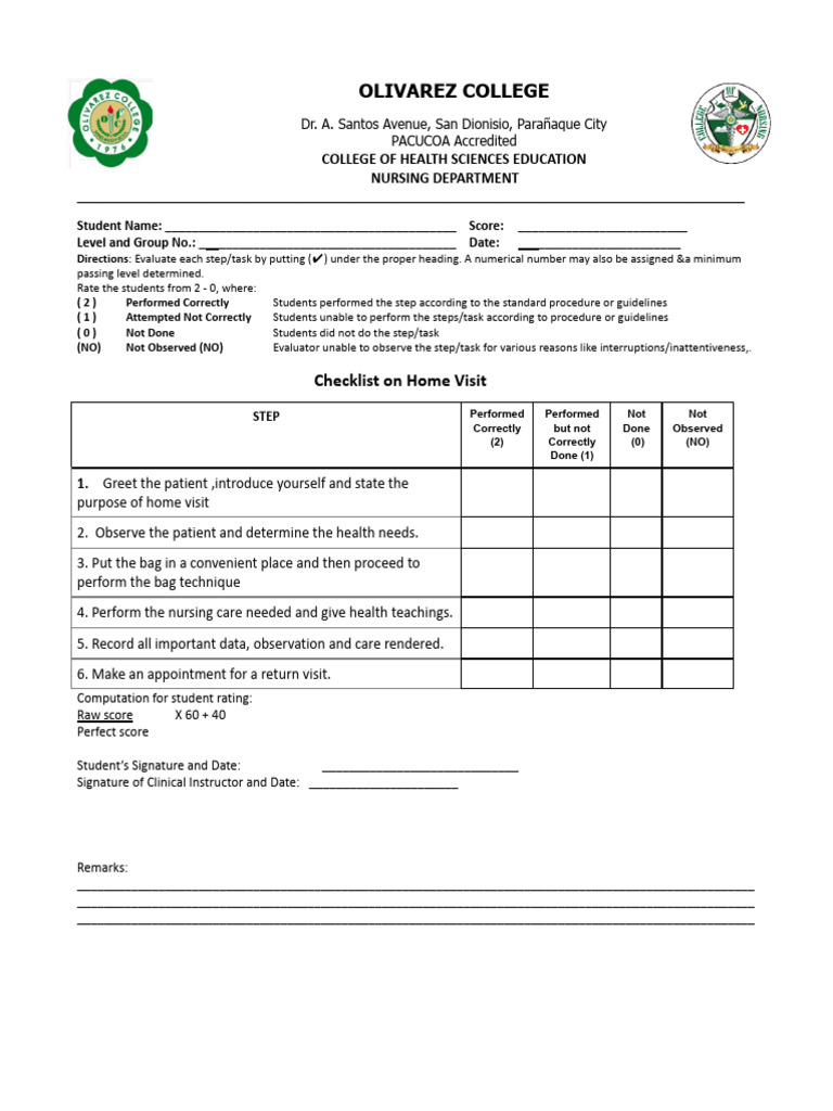 Checklist On Home Visit PDF Nursing Health Economics