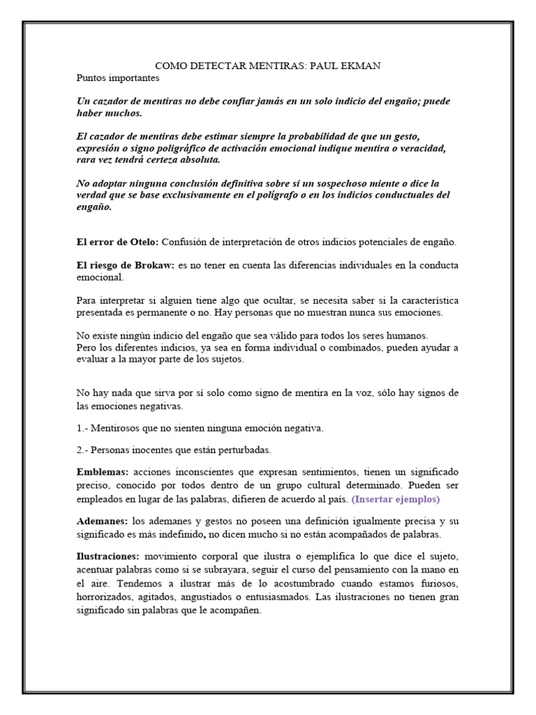 Cómo Detectar Mentiras según Ekman | PDF | Las emociones | Mentira