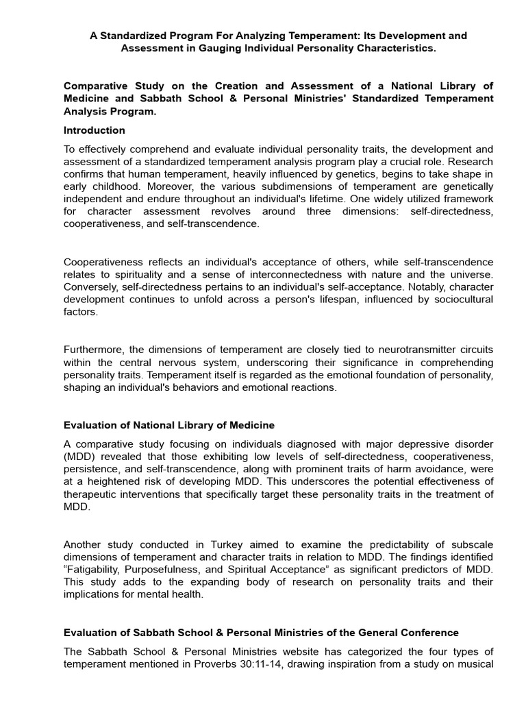 A Standardized Program For Analyzing Temperament Its Development And