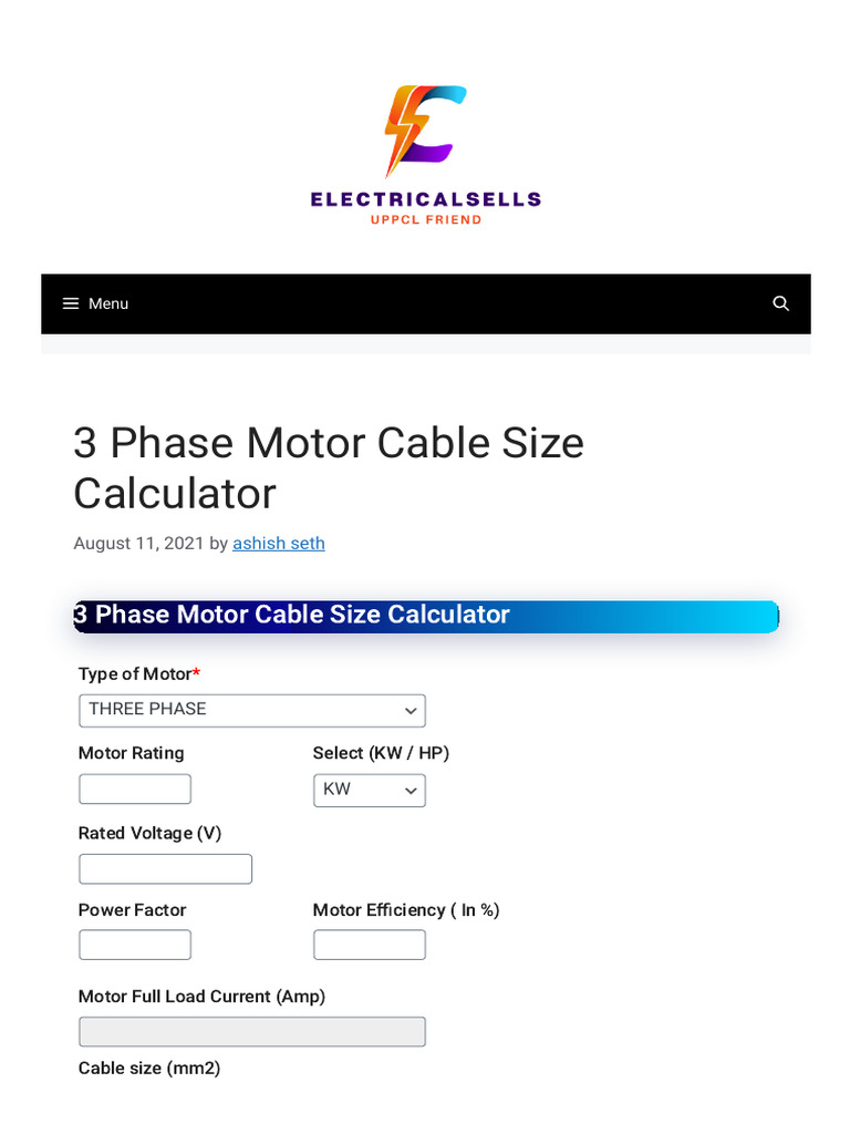 3 Phase Motor Cable Size Calculator PDF