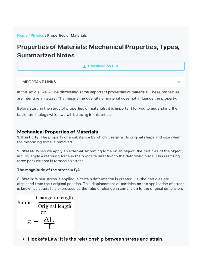 Properties of Materials Mechanical Properties, Types, Notes PDF