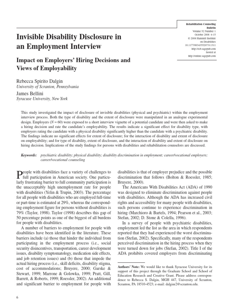 Spirito Dalgin Bellini 2008 Invisible Disability Disclosure in An ...
