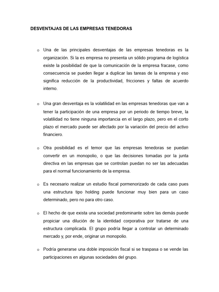 Desventajas de las Empresas Tenedorás | PDF | Finanzas y dinero