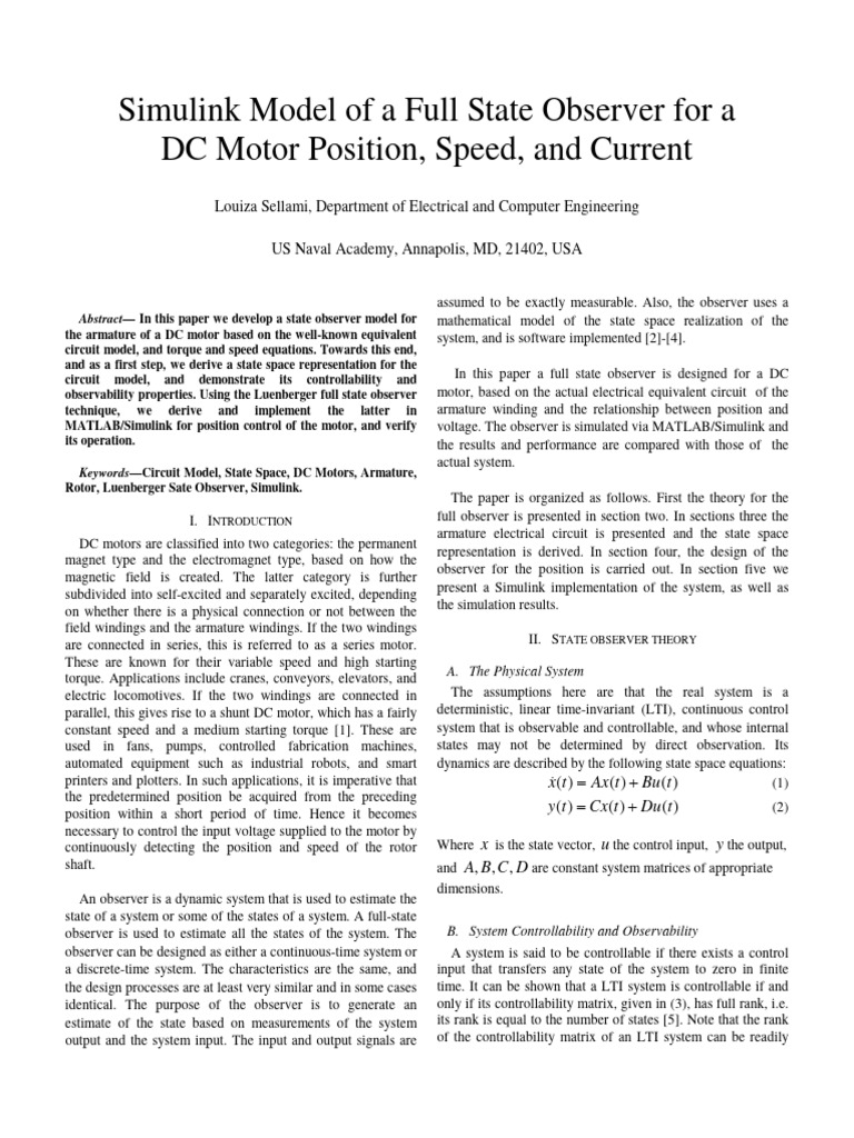 Simulink Model of A Full State Observer For A DC Motor Position, Speed ...