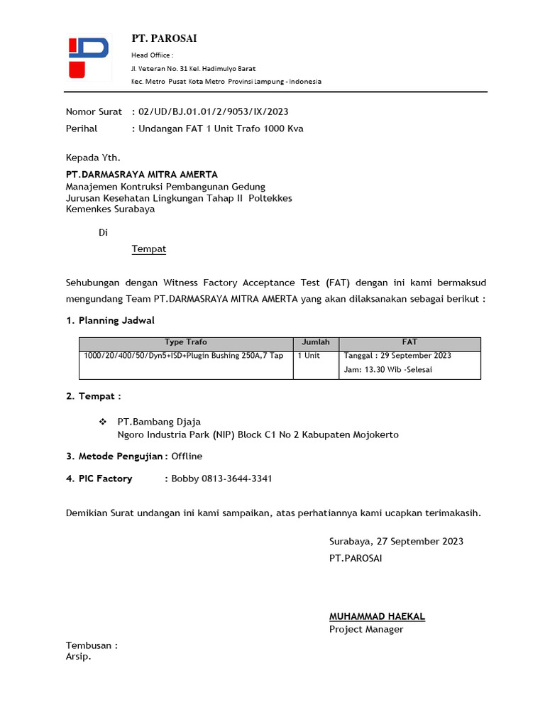 Surat Undangan FAT | PDF