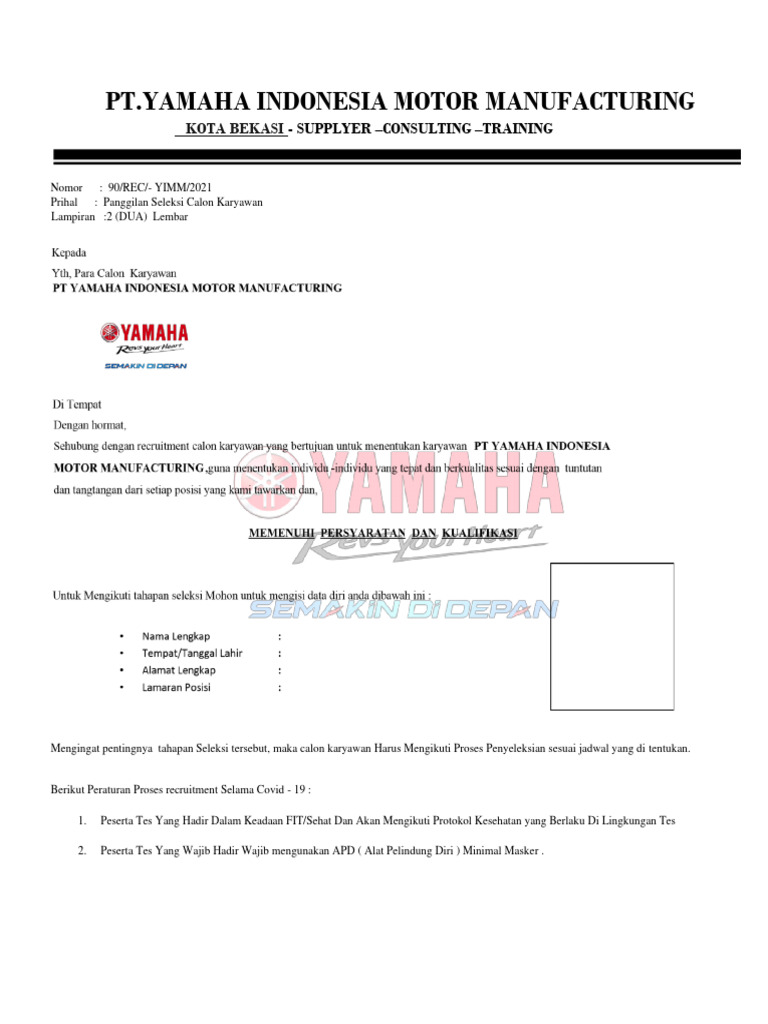 Walk in Interview and Psikotest PT - Yamaha Indonesia Motor ...