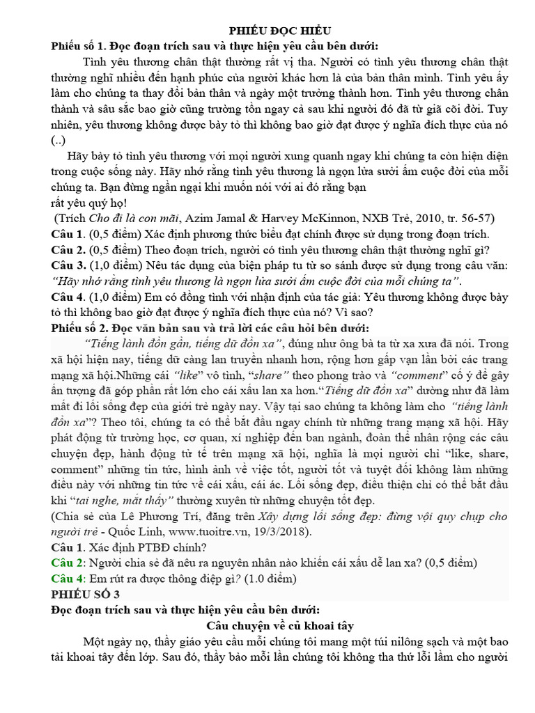 PHIẾU ĐỌC HIỂU lần 1 năm 2023 | PDF