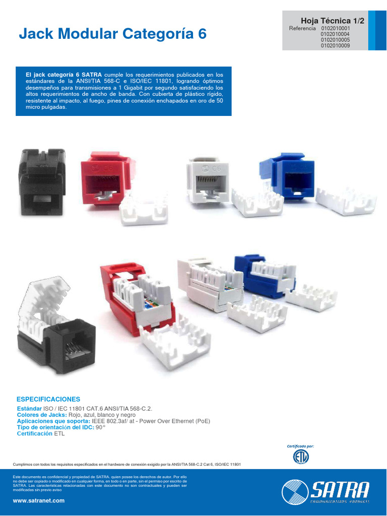 Jack Modular Cat 6: Especificaciones y Certificación | PDF