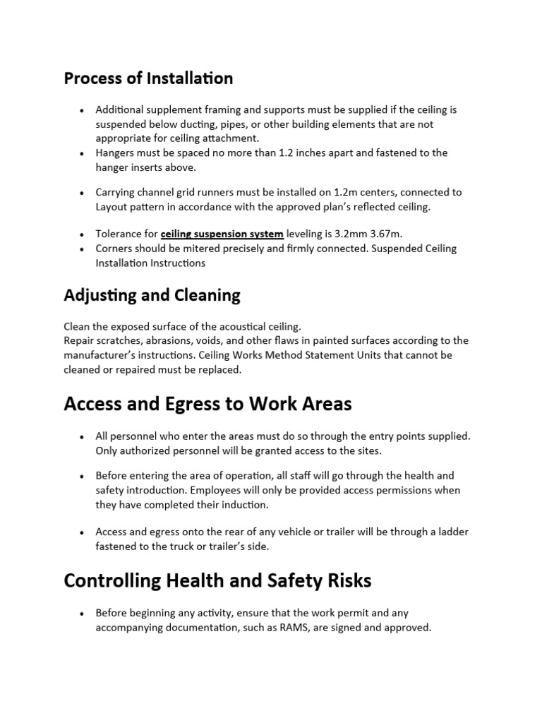 Method Statement For Suspended Ceiling Installation | PDF
