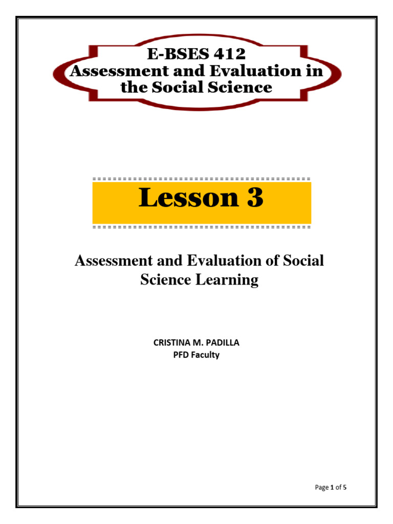 Lesson 3 Module 3 Assessment and Evaluation of Social Science Learning