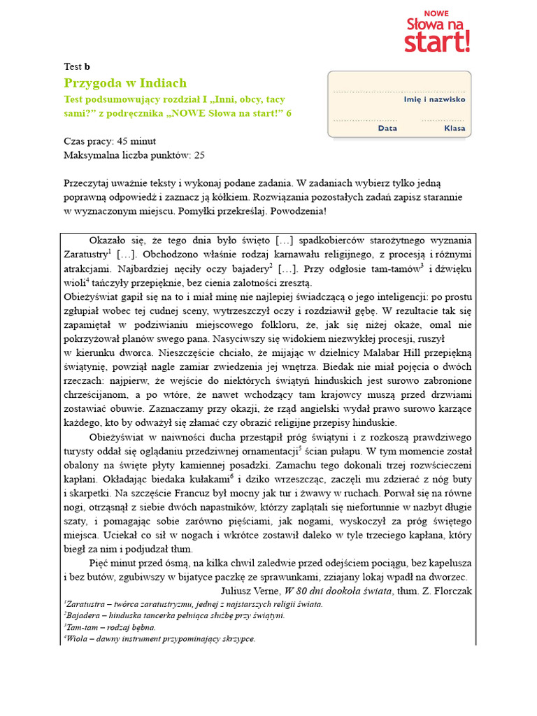 Inni Obcy Tacy Sami Test Test Podsumowujacy Do Rozdzialu I Inni Obcy Tacy Sami Wersja B | PDF