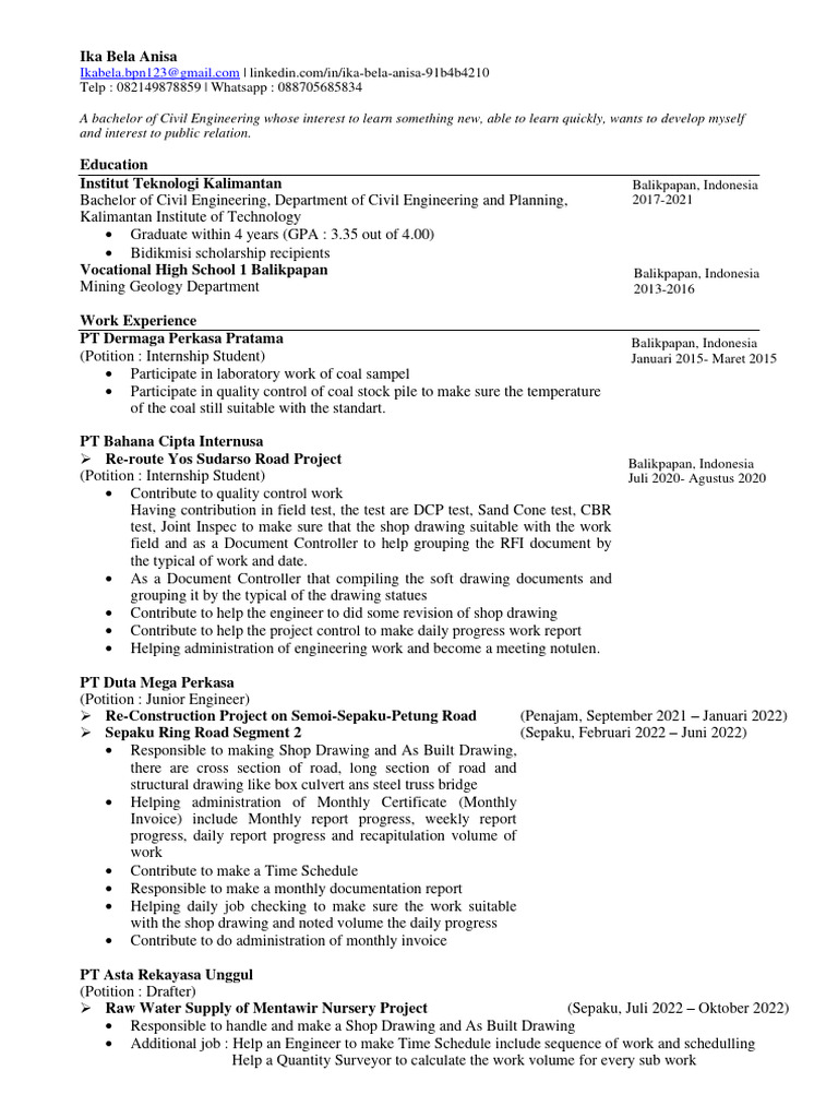 CV and Attachment - Ika Bela Anisa | PDF