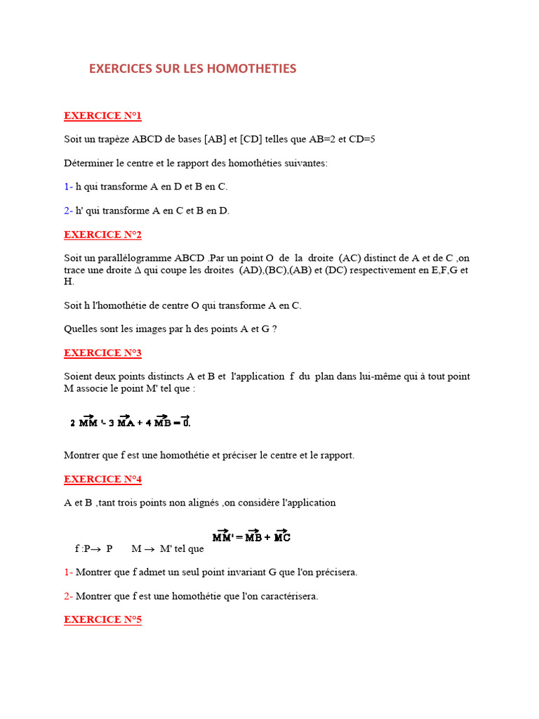 Exercices sur l'homothétie en maths | PDF