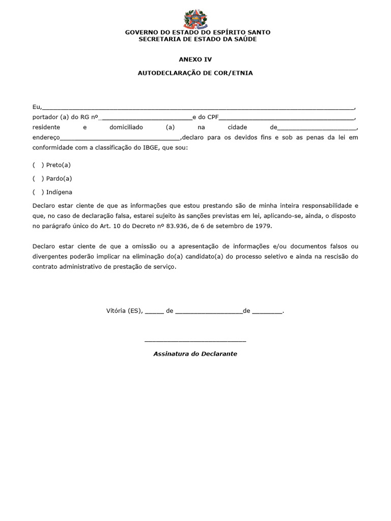 Auto Declaração de Cor - Etnia - Anexo Iv | PDF