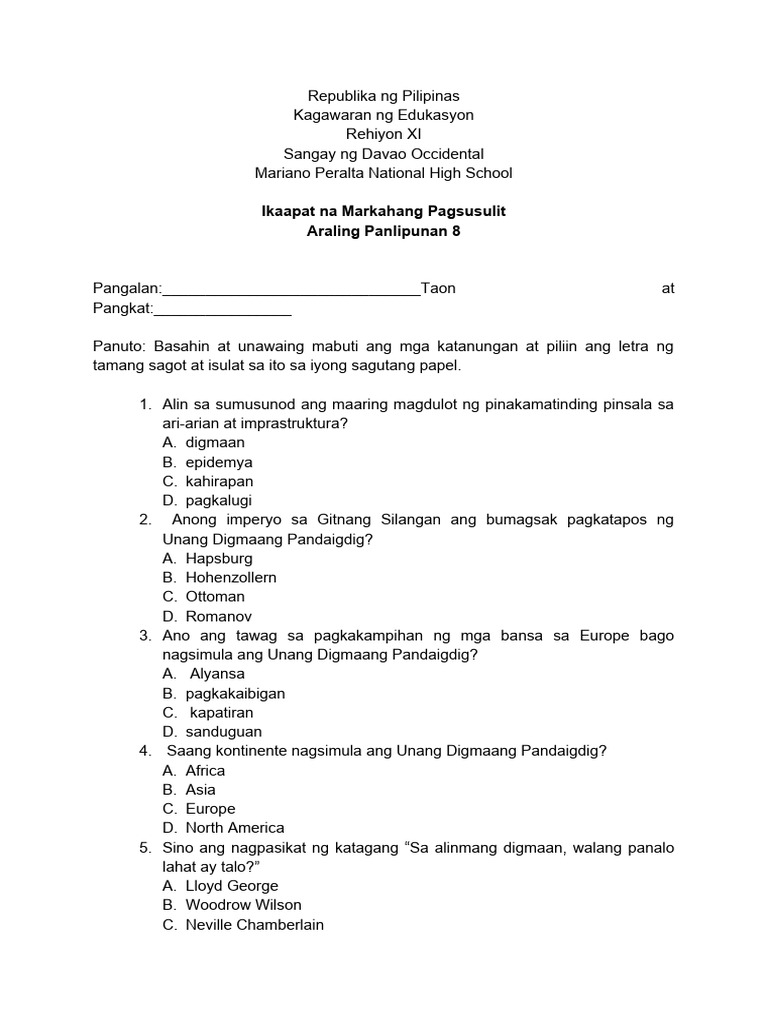 4th Quarter Examination 2024 English Verna Anallise