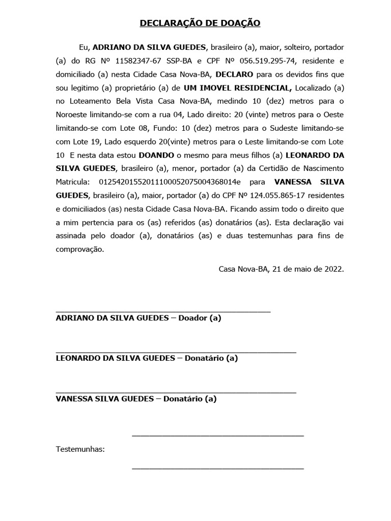 Declara o de compra e venda adriano da silva guedes pdf