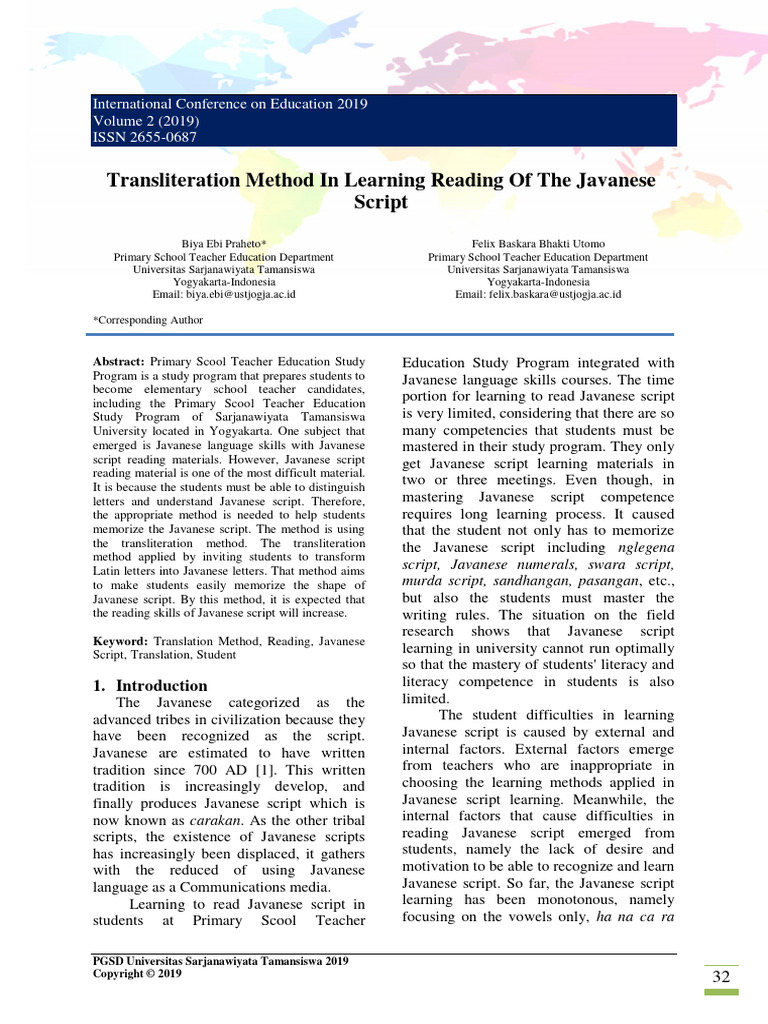 Transliteration Method in Learning Reading of The Javanese Script | PDF