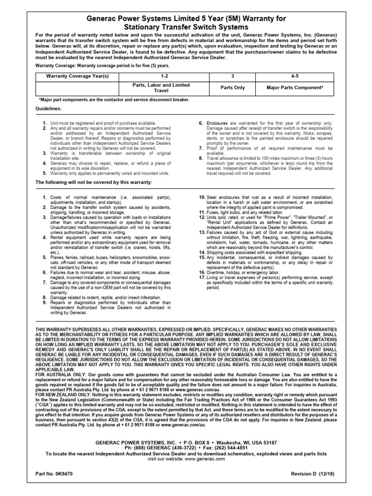Generac 5-Year Warranty for Transfer Switches | PDF | Private Law