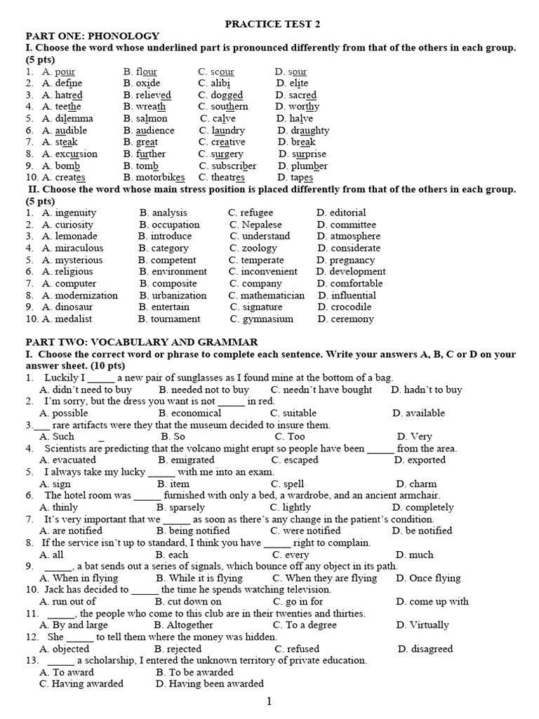 Phonology and Grammar Practice Test | PDF