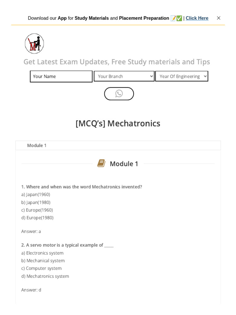 Mechatronics MCQs and Study Guide | PDF | Teaching Methods & Materials ...