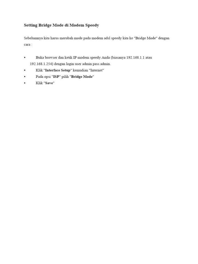 Setting Bridge Mode pada Modem Speedy | PDF