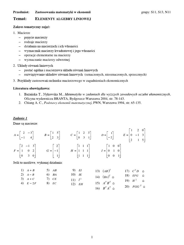 ZMwE - S11, S13, N11 - T1 - Elementy Algebry Liniowej | PDF