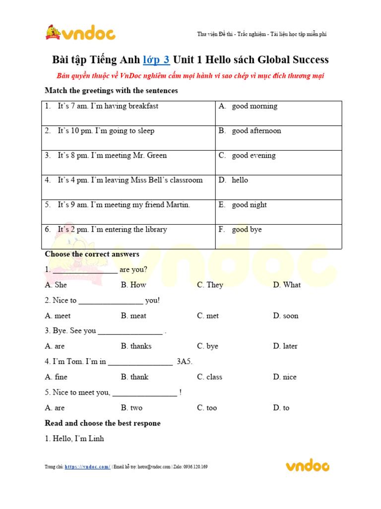 Bai Tap Tieng Anh Lop 3 Unit 1 Hello Sach Global Success | PDF