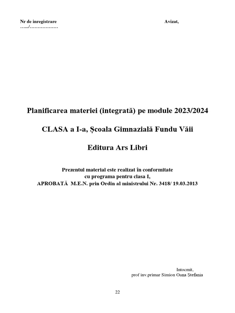 Planificarea Pe Module Cls 1 Ars Libri 2023 2024 - 1 | PDF