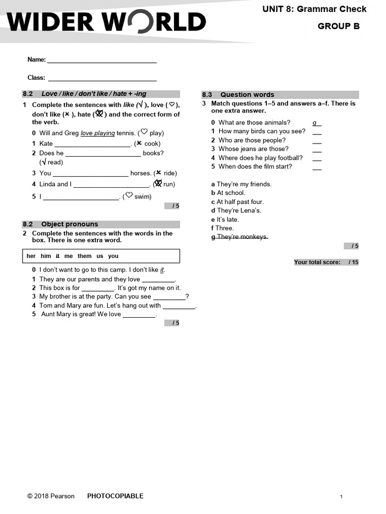 Wider World Starter Tests GrammarCheck 8B Final | PDF | Cognitive ...