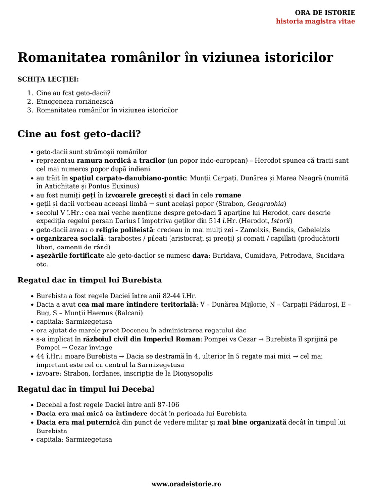 Romanitatea Romanilor In Viziunea Istoricilor Schita Lectiei