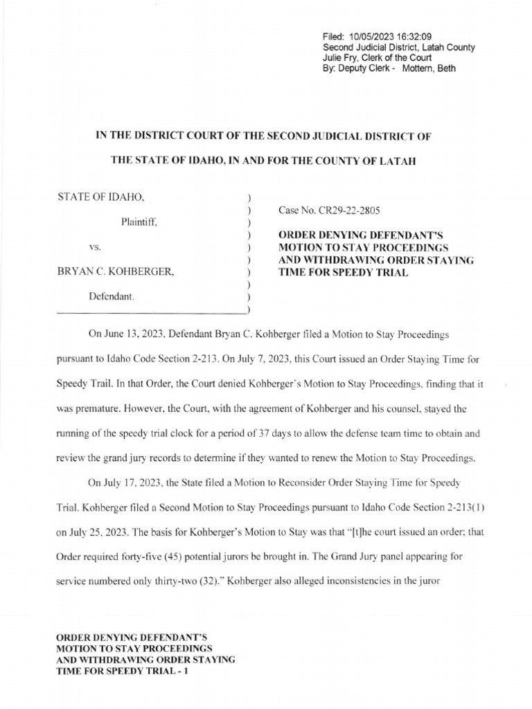 Order denying defendant motion to stay proceedings and withdrawing
